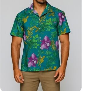 Hilo Hattie Hawaiian Shirt Men's Large L  Teal Floral Aloha Button-Up Vintage